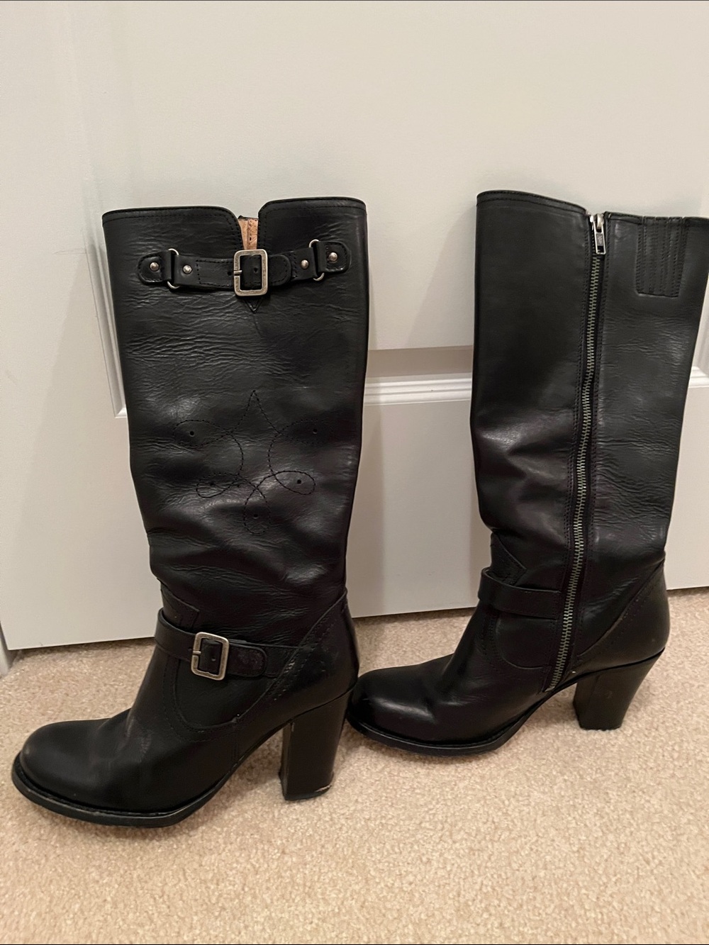 Frye ‘Julia Stitch’ Black Leather Mid-Calf Heeled Boots with Buckle Accents